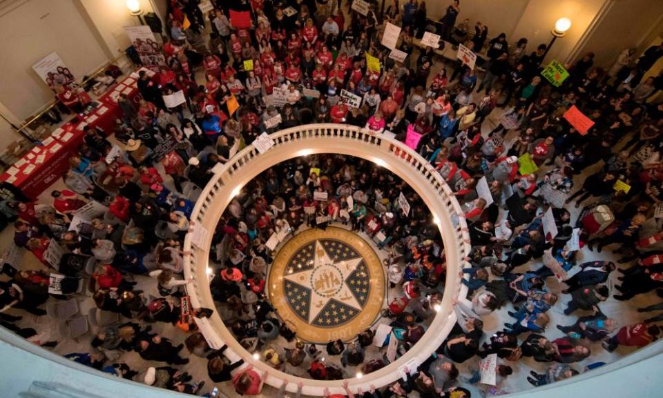 Oklahoma teachers, students and supporters rally at the state capitol in Oklahoma City on 4 April 4,.