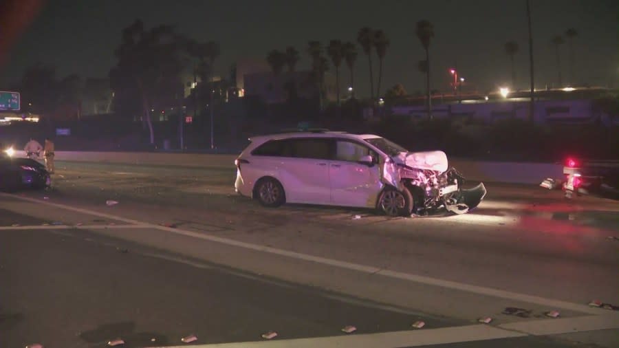 One person was killed and five others hurt after a violent crash on the 10 Freeway in Los Angeles early Sunday morning, CHP said. (KTLA)
