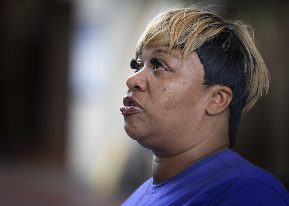 Sherrie Jennings, grandmother of Ladavionne Garrett Jr., who was one of three children shot in a span of weeks in North Minneapolis in the spring of 2021, speaks outside the courtroom Tuesday, July 11, 2023, in Minneapolis. D’Pree Shareef Robinson was sentenced Tuesday to more than 37 years in prison for fatally shooting Tiffany Ottoson-Smith, 9, as she was jumping on a trampoline in 2021 with friends. (Glen Stubbe/Star Tribune via AP)