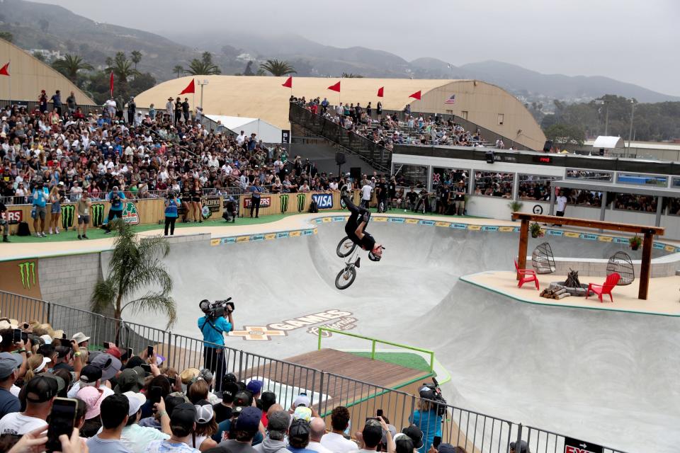 Crowds fill the bleachers to watch competitors of the Dave Mirra’s BMX Park Best Trick during X Games 2023 in Ventura, Calif., on Sunday, July 23, 2023.