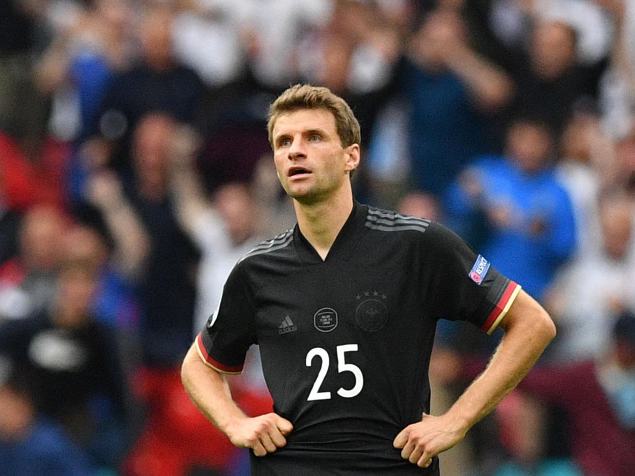 Germany’s Thomas Muller reacts after defeat to England at Wembley (Getty)