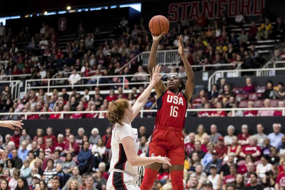 U.S. forward Nneka Ogwumike (16) shoots as Stanford forward Ashten Prechtel defends in the second quarter of an exhibition women's basketball game, Saturday, Nov. 2, 2019, in Stanford, Calif. (AP Photo/John Hefti)