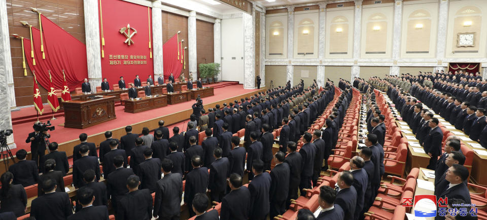 In this photo provided by the North Korean government, a year-end plenary meeting of the ruling Workers’ Party, is held between Dec. 26, and Dec. 30, 2023, in Pyongyang, North Korea. Independent journalists were not given access to cover the event depicted in this image distributed by the North Korean government. The content of this image is as provided and cannot be independently verified. Korean language watermark on image as provided by source reads: "KCNA" which is the abbreviation for Korean Central News Agency. (Korean Central News Agency/Korea News Service via AP)