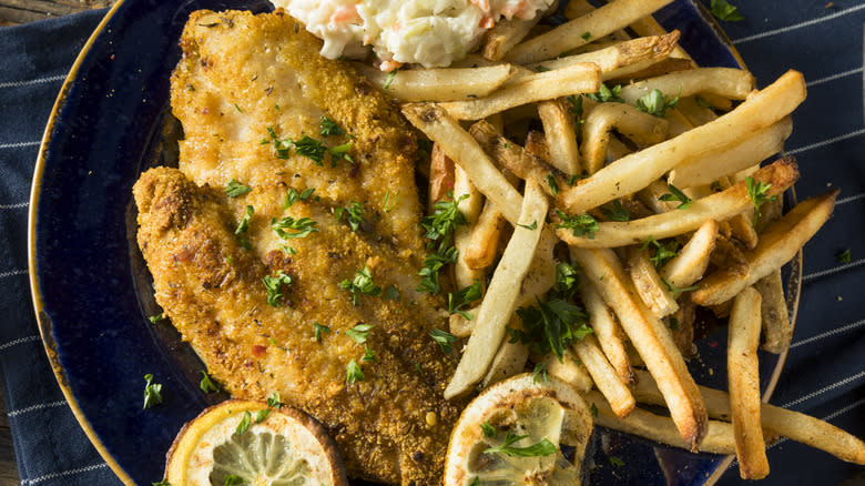 fried fish plated with fries