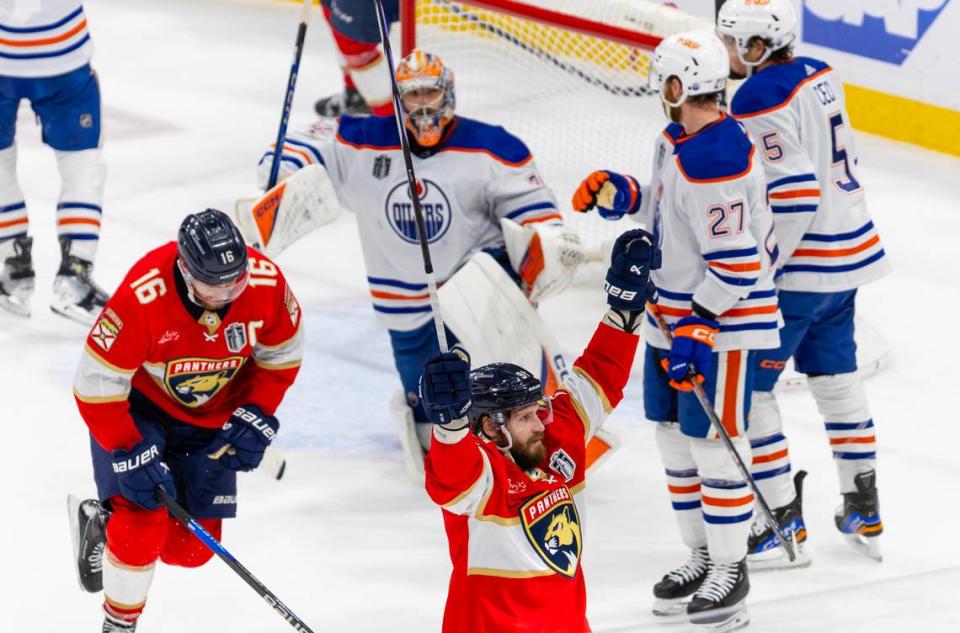 Florida Panthers defenseman Oliver Ekman-Larsson (91) reacts after teammate Sam Reinhart (13) scoring a goal against Edmonton Oilers goaltender Stuart Skinner (74) during the second period of Game 7 of the NHL Stanley Cup Final at the Amerant Bank Arena on Monday, June 24, 2024, in Sunrise, Fla.