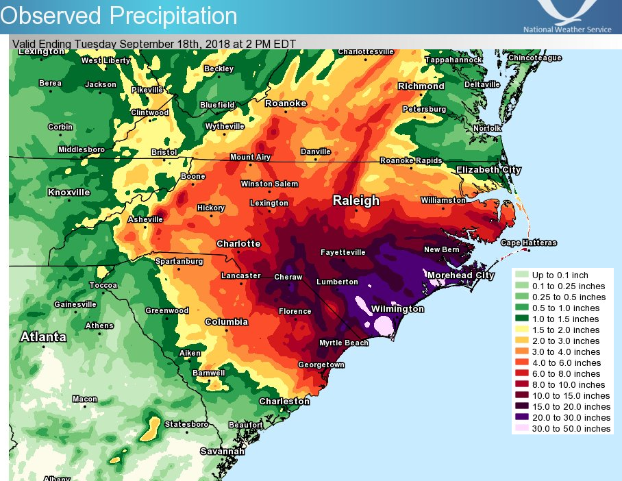 Hurricane Florence dropped record-setting amounts of rain across much of Eastern North Carolina in 2018. The massive storm slammed ashore at Wrightsville Beach before traveling inland at a snail's pace, which partly contributed to the massive precipitation amounts.