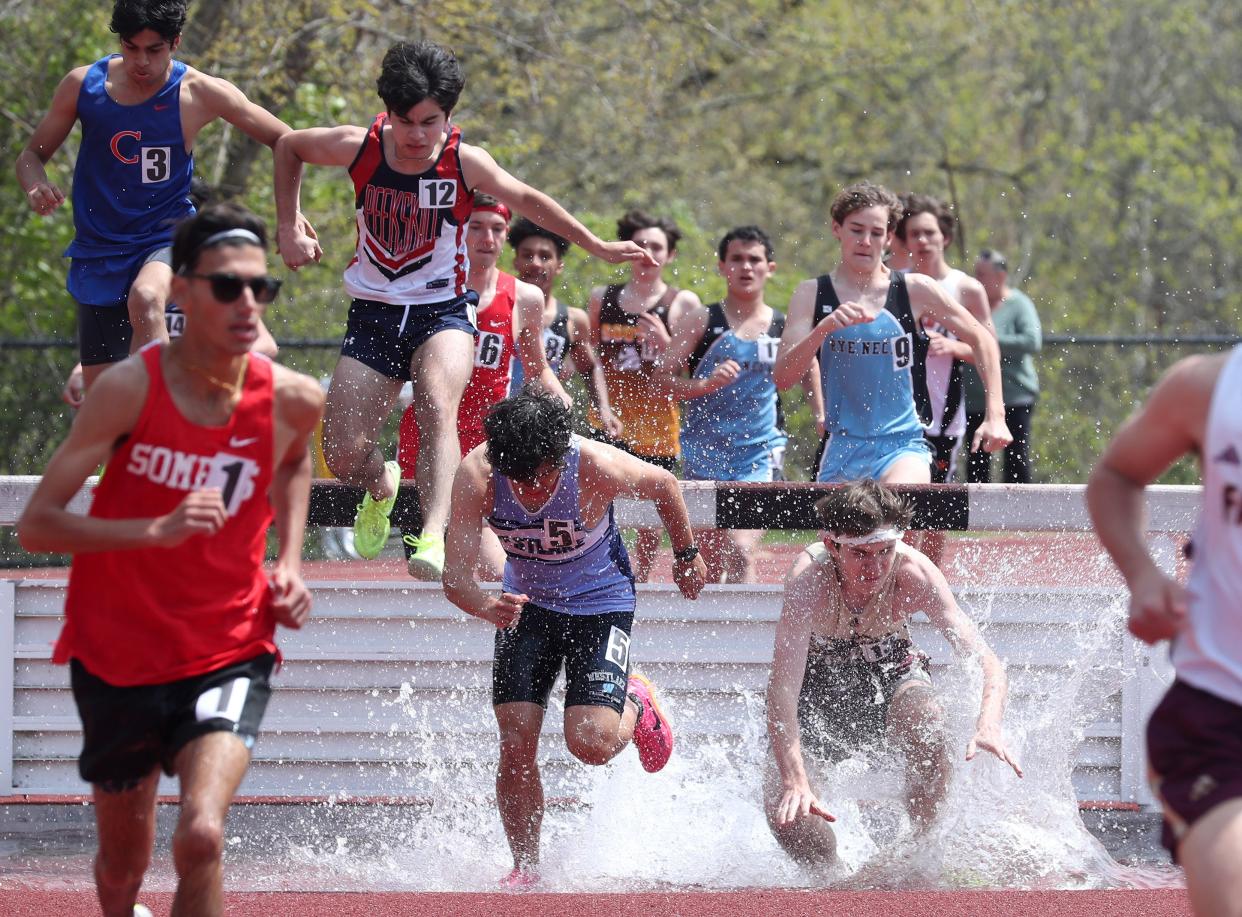 The boys steeplechase at the annual Gold Rush Invitational track and field meet at Clarkstown South High School in West Nyack Aril 27, 2024.