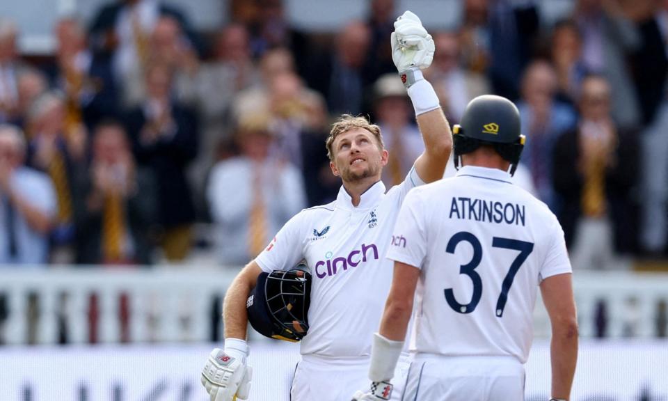 <span>Joe Root looks to the skies on reaching his century in a touching tribute to late former England batsman and coach Graham Thorpe.</span><span>Photograph: Andrew Boyers/Action Images/Reuters</span>