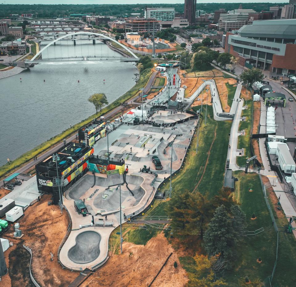 A Drew Dau aerial photo of the Lauridsen Skatepark in downtown Des Moines.