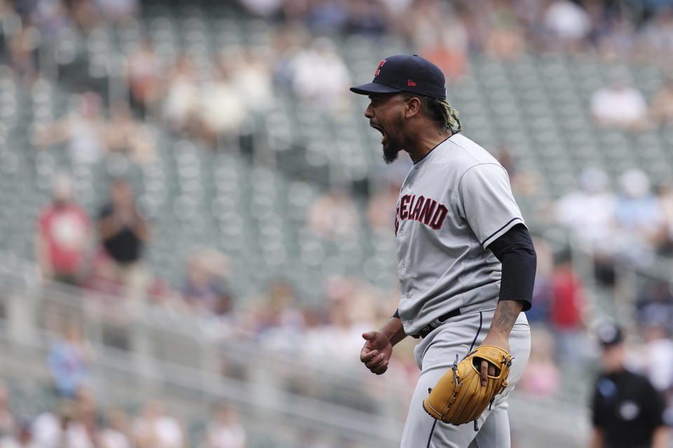 Cleveland Guardians pitcher Emmanuel Clase reacts after striking out Minnesota Twins' Willi Castro to win a baseball game Sunday, June 4, 2023, in Minneapolis. (AP Photo/Stacy Bengs)