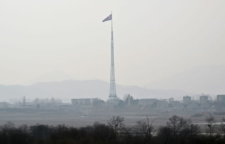 A North Korean flag is seen at the propaganda village of Gijungdong, North Korea (Jung Yeon-je)