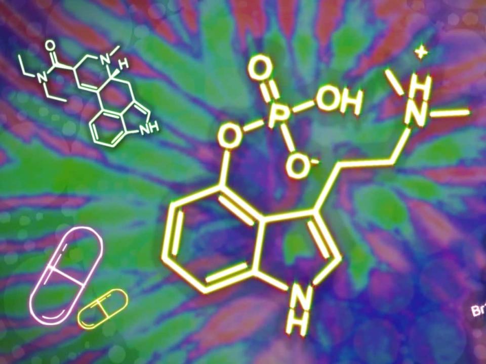 An early spate of research and big injections of investor money have triggered a renaissance for psychedelics. Psygen, a Calgary company, plans to manufacture LSD, left, psilocybin, centre, 2-CB, right, along with five other drugs.  (Duk Han Lee/CBC News Graphics - image credit)