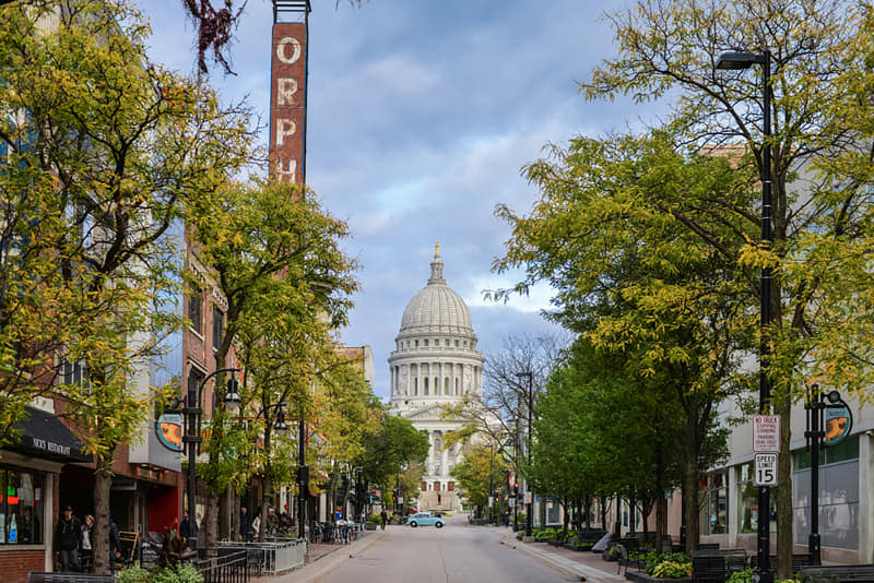 State Street in Madison. An excellent view of Wisconsin's State Capitol and the Orpheum theater.