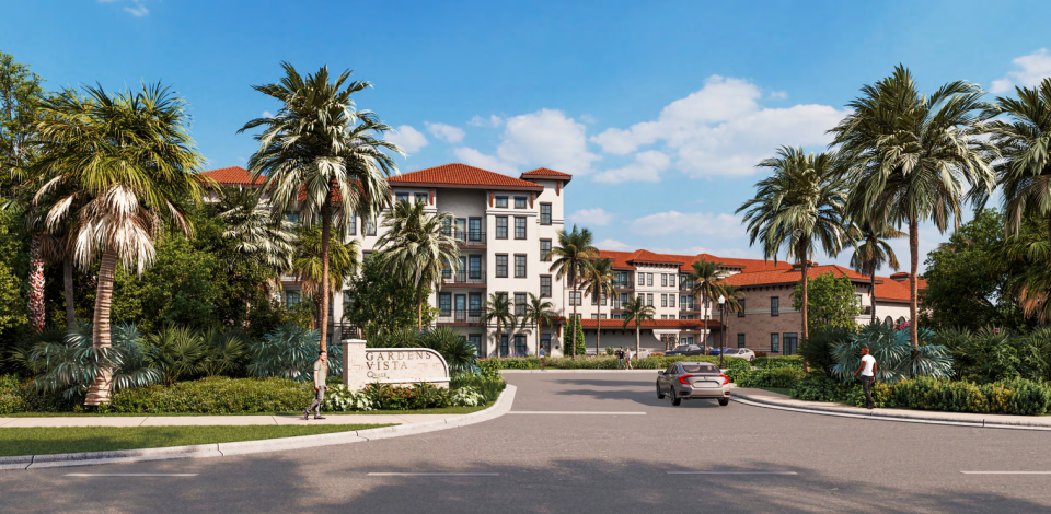 Rendering of a four-story apartment project that could rise on the southeast corner of Central Boulevard and Victoria Falls Boulevard, as approved earlier this month by the Palm Beach Gardens planning board.