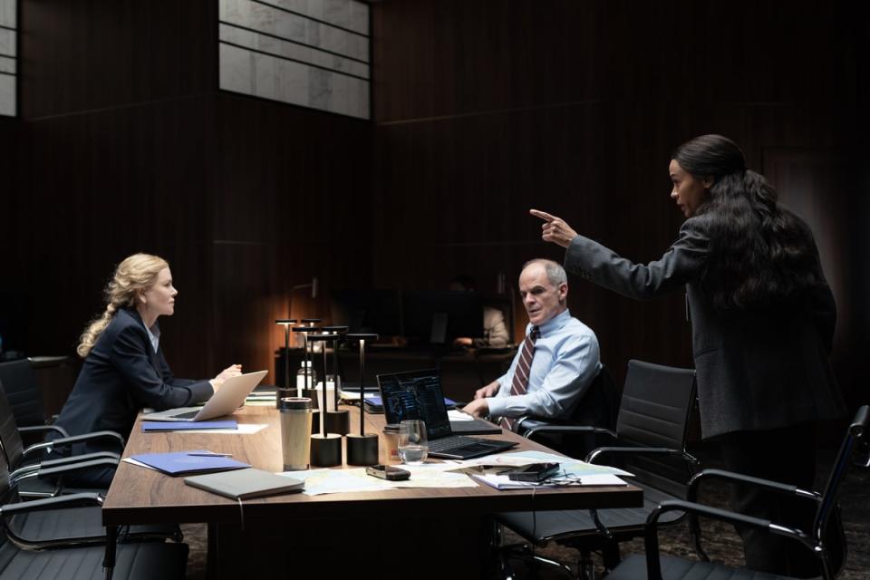 Nicole Kidman as Kaitlyn Meade, Michael Kelly as Bryon Westfield and Zoe Saldana as Joe in Special Ops: Lioness.