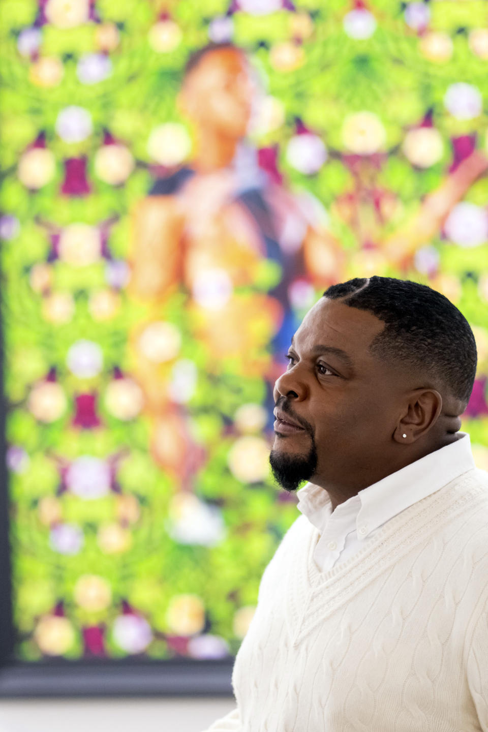 Kehinde Wiley poses for a portrait at Sean Kelly Gallery, Thursday, April 27, 2023, in New York. (Photo by Charles Sykes/Invision/AP)