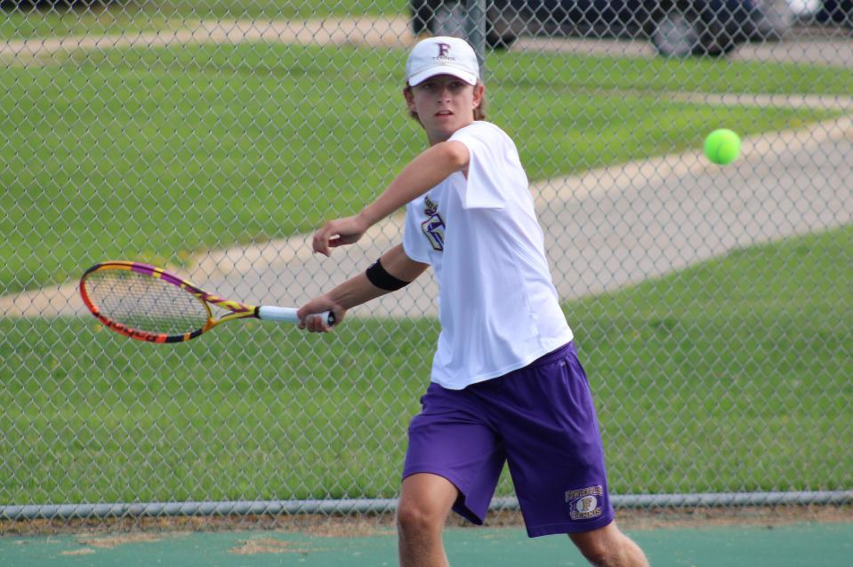 Fowlerville's Lucas Anderson went 3-0 at No. 1 singles in the season-opening Livingston County tennis quad on Monday, Aug. 15, 2022 at Fowlerville.