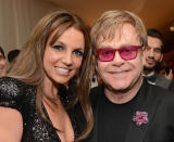 (L-R) Recording Artist Britney Spears and Sir Elton John attend the 21st Annual Elton John AIDS Foundation Academy Awards Viewing Party at Pacific Design Center on February 24, 2013 in West Hollywood, California.