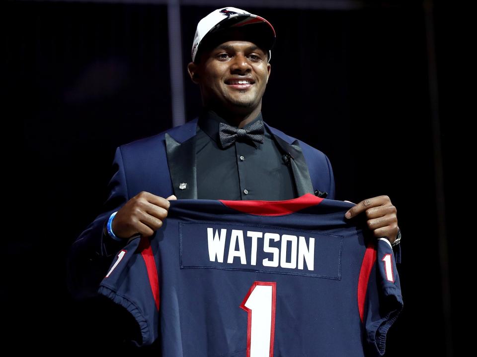 Deshaun Watson of Clemson reacts after being picked #12 overall by the Houston Texans during the first round of the 2017 NFL Draft at the Philadelphia Museum of Art on April 27, 2017 in Philadelphia, Pennsylvania
