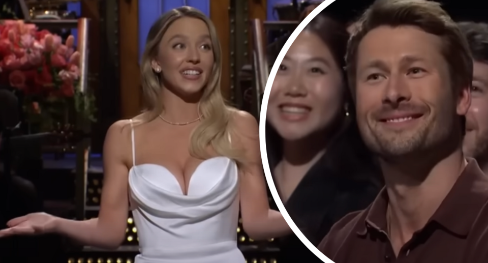 Sydney Sweeney used her SNL opening monologue to poke fun at the rumours about her and co-star Glen Powell. Credit: NBC 