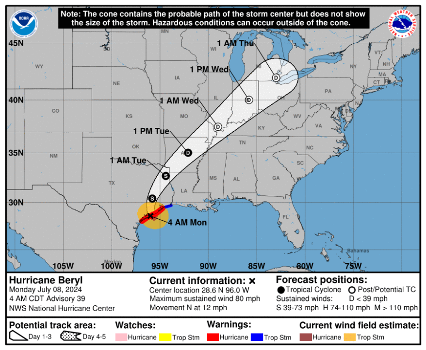 A map of Beryl's projected path as of 6 a.m. ET. 