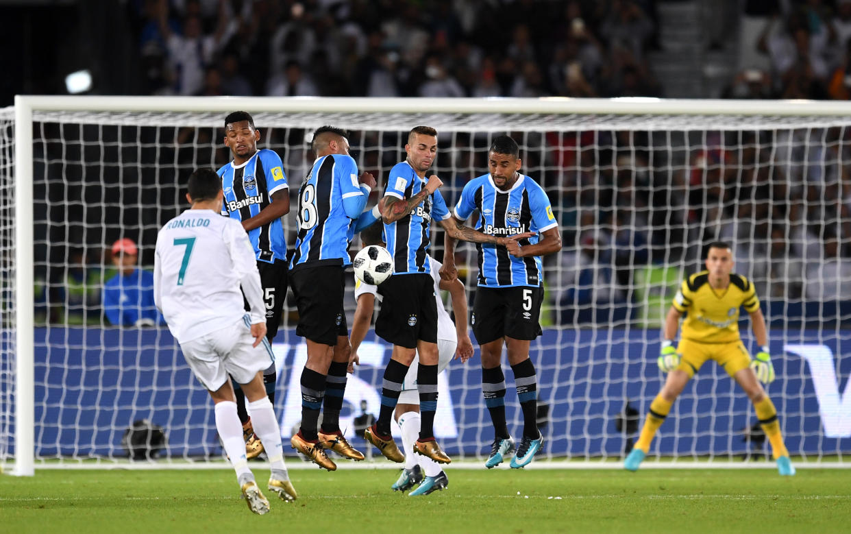 Cristiano Ronaldo hits a free kick through the Gremio wall to give Real Madrid a 1-0 lead in the Club World Cup. (Getty)