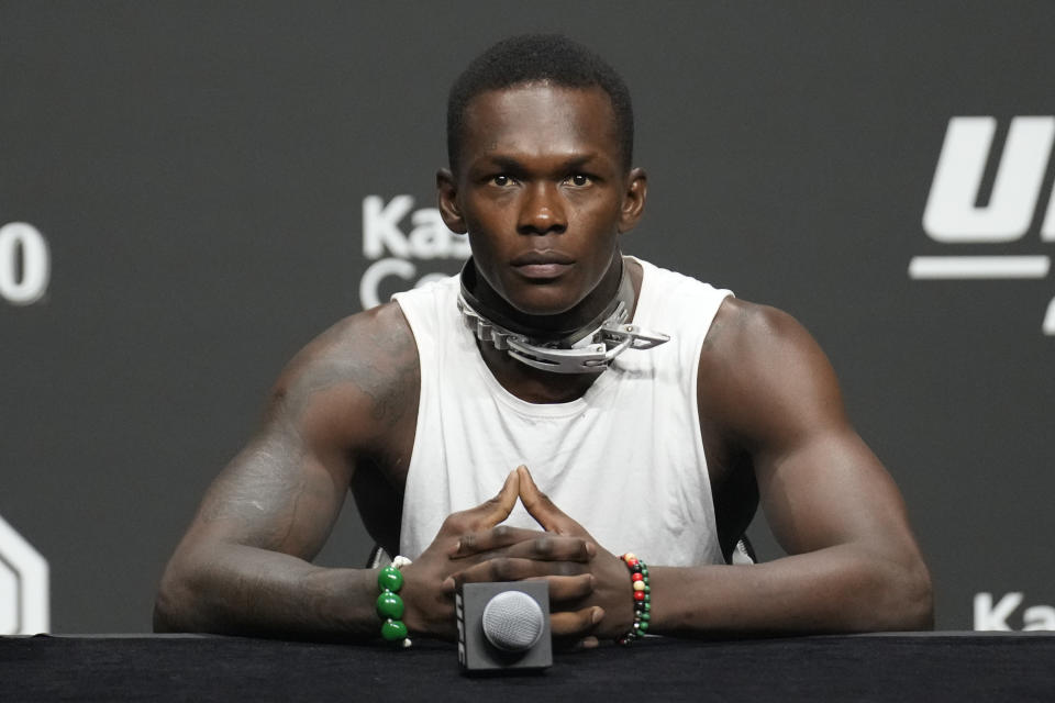 MIAMI, FLORIDA - APRIL 06: Israel Adesanya speaks to the press and the fans during a press conference for UFC 287, Pereira versus Adesanya 2, on April 6, 2023, at Kaseya Center in Miami, FL. (Photo by Louis Grasse/PxImages/Icon Sportswire via Getty Images)