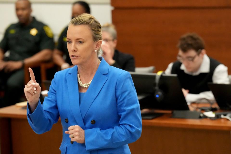 Assistant Public Defender Melisa McNeill gives the defense’s opening statement during the penalty phase of the trial of Nikolas Cruz at the Broward County Courthouse in Fort Lauderdale on August 22, 2022.