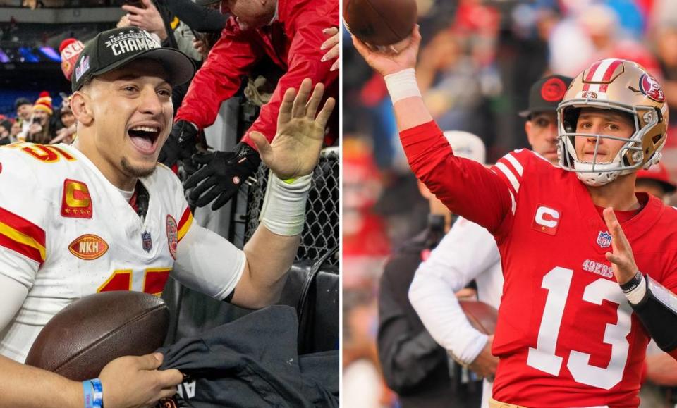 Quarterbacks Patrick Mahomes, left, and Brock Purdy lead the Chiefs and 49ers, respectively, into the Feb. 11 Super Bowl LVIII showdown in Las Vegas.