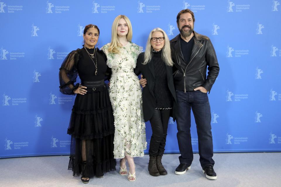 Salma Hayek, Elle Fanning, Sally Potter, and Javier Bardem