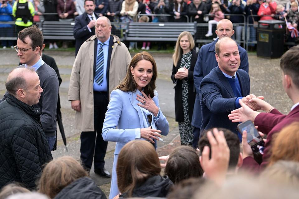 Catherine, Princess of Wales and Prince William, Prince of Wales greet the public during their visit to Carrickfergus Castle on October 06, 2022 in Belfast, Northern Ireland.