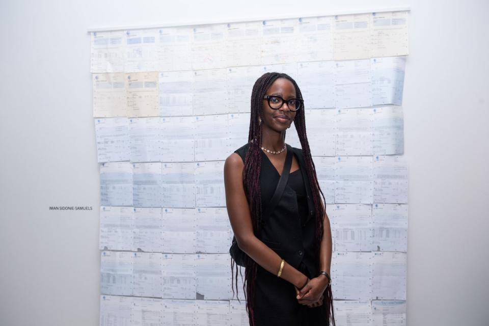 Iman Sidonie-Samuels won for her work 3049 Calls, 19,401 Minutes, made from 81 paper phone bills collected from her grandmother’s house in St Lucia (Lucy Young)