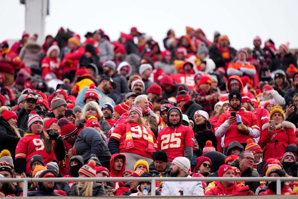 Kansas City Chiefs fans wait for a return to the action in the first quarter during a Week 17 NFL football game between the Cincinnati Bengals and the Kansas City Chiefs, Sunday, Dec. 31, 2023, at GEHA Field at Arrowhead Stadium in Kansas City, Mo.