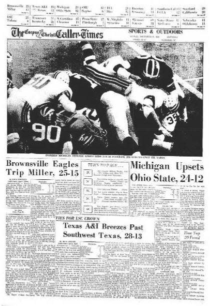 The front sports page of the Nov. 23, 1969 edition of the Caller-Times after Miller lost a playoff game to Brownsville High School.