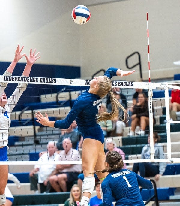 Independence volleyball standout Ally Greenwell goes up for a spike during a varsity volleyball match during the early part of the 2023 fall season.