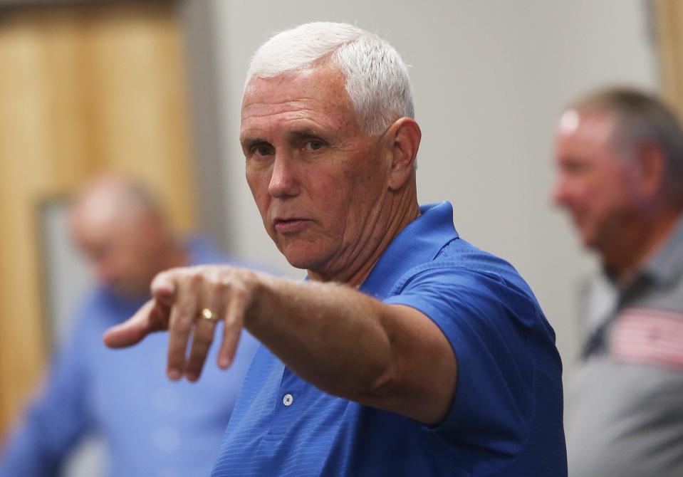 Republican presidential candidate and former vice president Mike Pence speaks during a campaign stop at Midland Power Cooperative Tuesday, July 4, 2023, in Boone, Iowa.