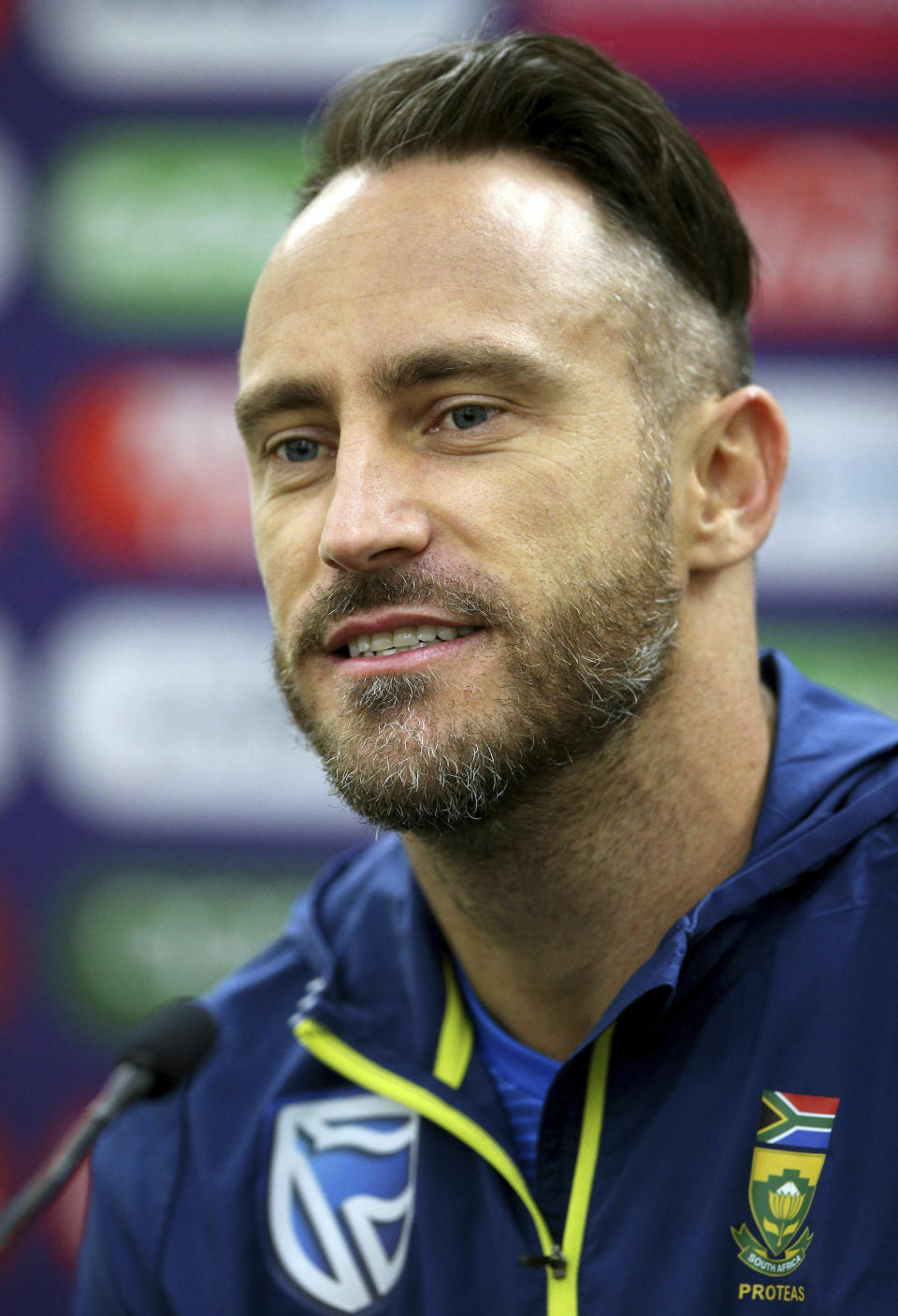 South Africa's Faf du Plessis speaks during a press conference at The Oval, London, Wednesday May 29, 2019 on the eve of the opening match of the Cricket World Cup. (Nigel French/PA via AP)