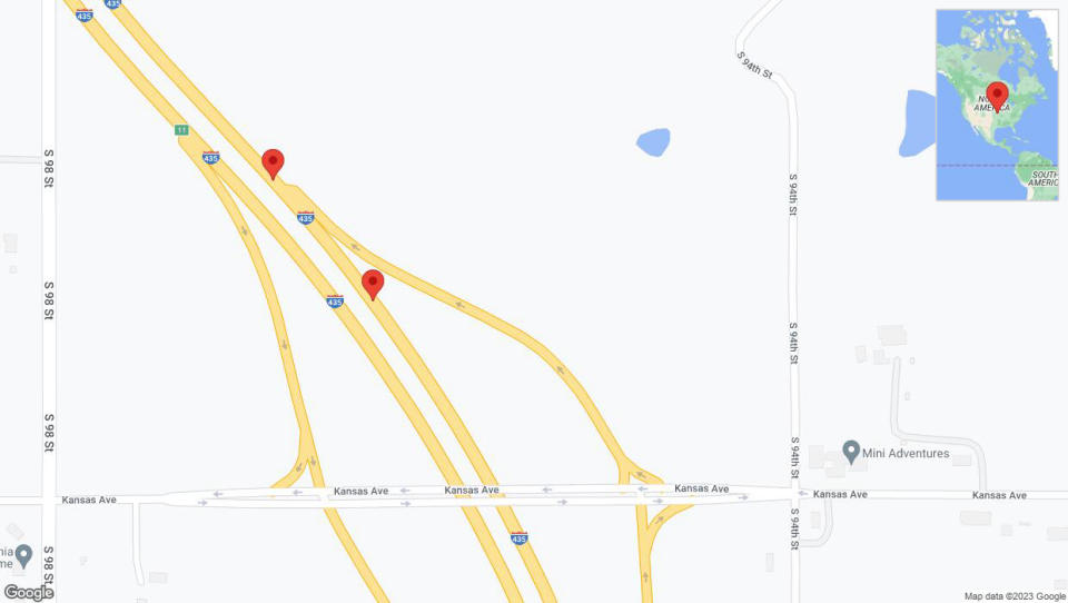 A detailed map that shows the affected road due to 'Broken down vehicle on northbound I-435 in Edwardsville' on December 27th at 2:39 p.m.