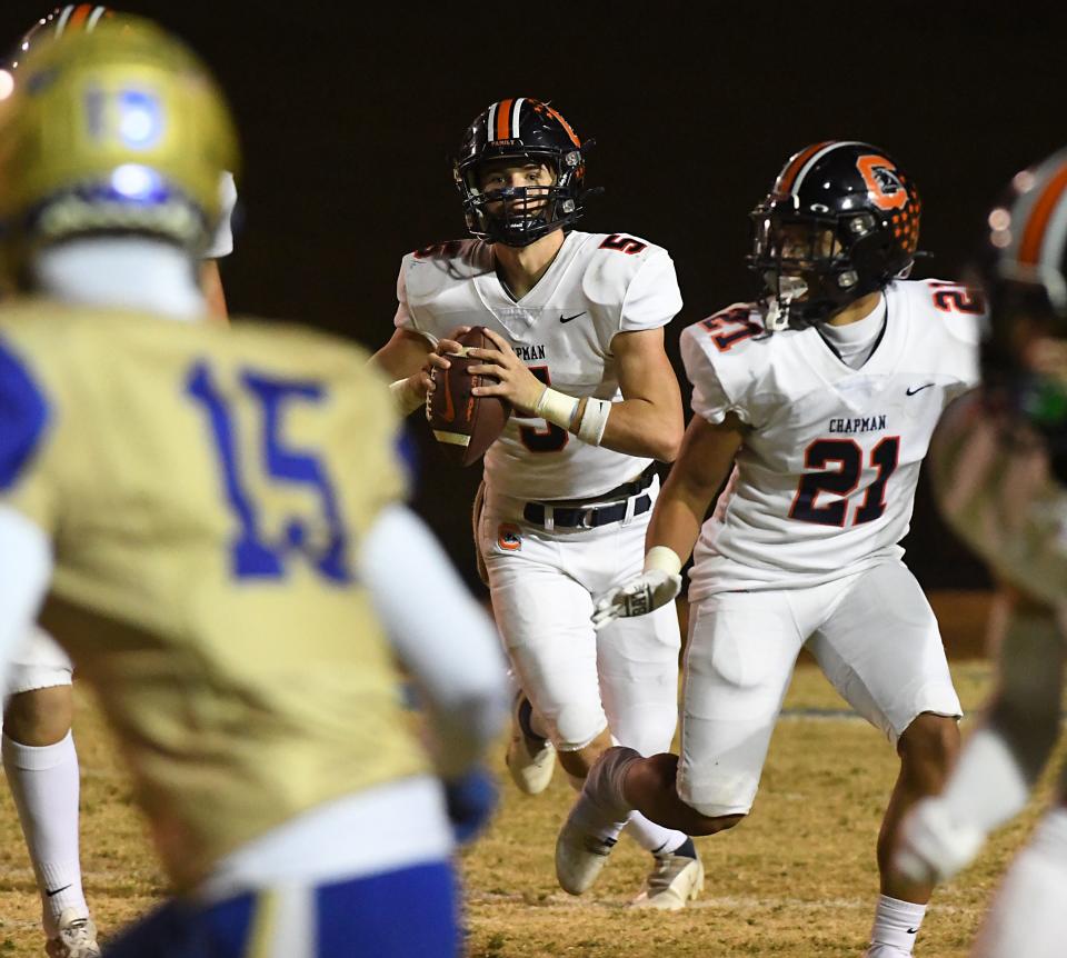 Broome played Chapman in high school football at Broome High School on Oct. 28, 2022. Chapman's Coleman Gray (5) QB on a passing play.