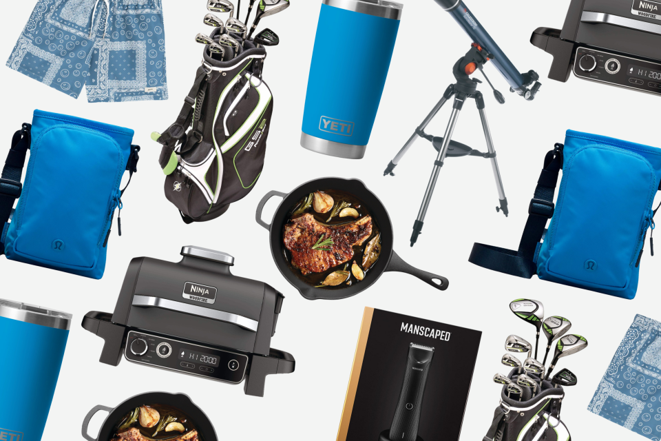 collage of men's gift ideas, bather blue swim trunks, blue yeti rambler, ninja grill and smoker, lululemon water bottle holder, manscaped grooming kit, golf clubs, cast iron panBest gifts for men in 2024 (Photos via Bather, lululemon, Canadian Tire, Yeti & Amazon, gifts for men ideas, 