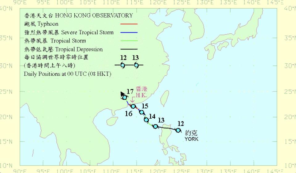 1999 年颱風約克生成至消散路線圖