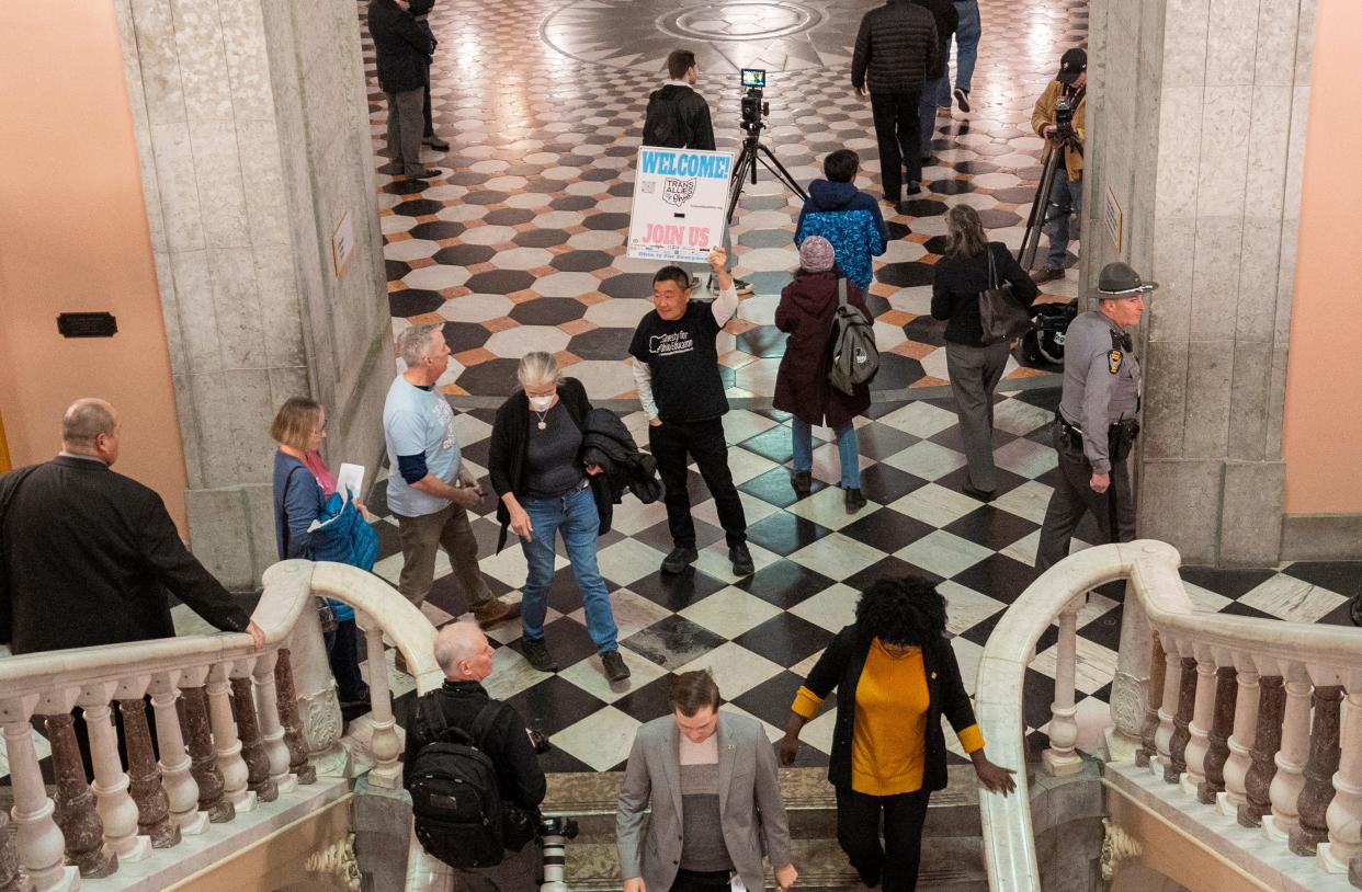 Jan 10, 2024; Columbus, Ohio, United States ; People stream into the Rotunda following a vote to override DeWine's veto of House Bill 68. The Bill would restrict medical care for transgender minors and block transgender girls from female sports, Click was the primary sponsor of the Bill.