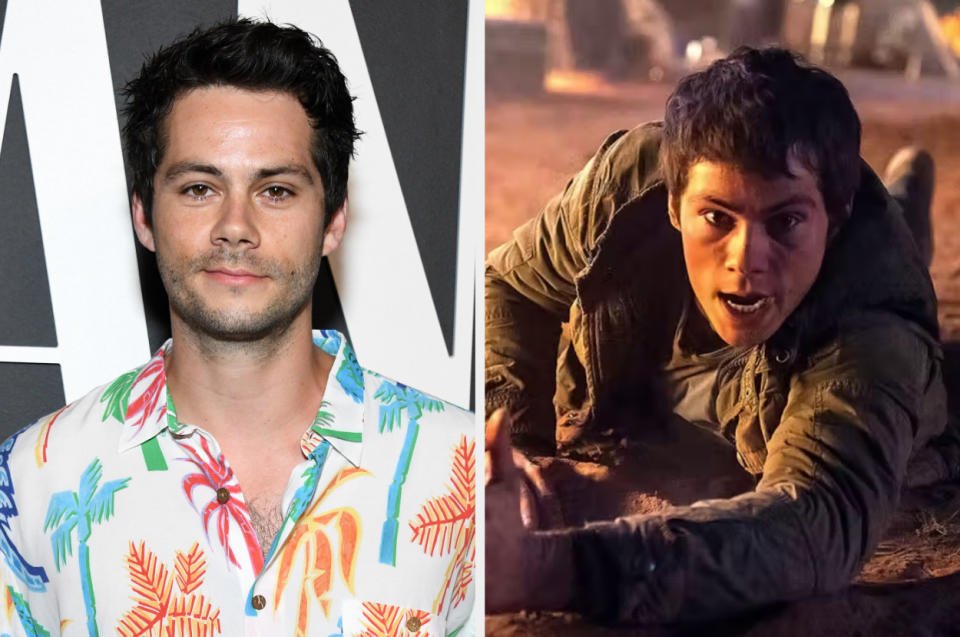 Dylan O'Brien on the red carpet and in character after falling to the ground