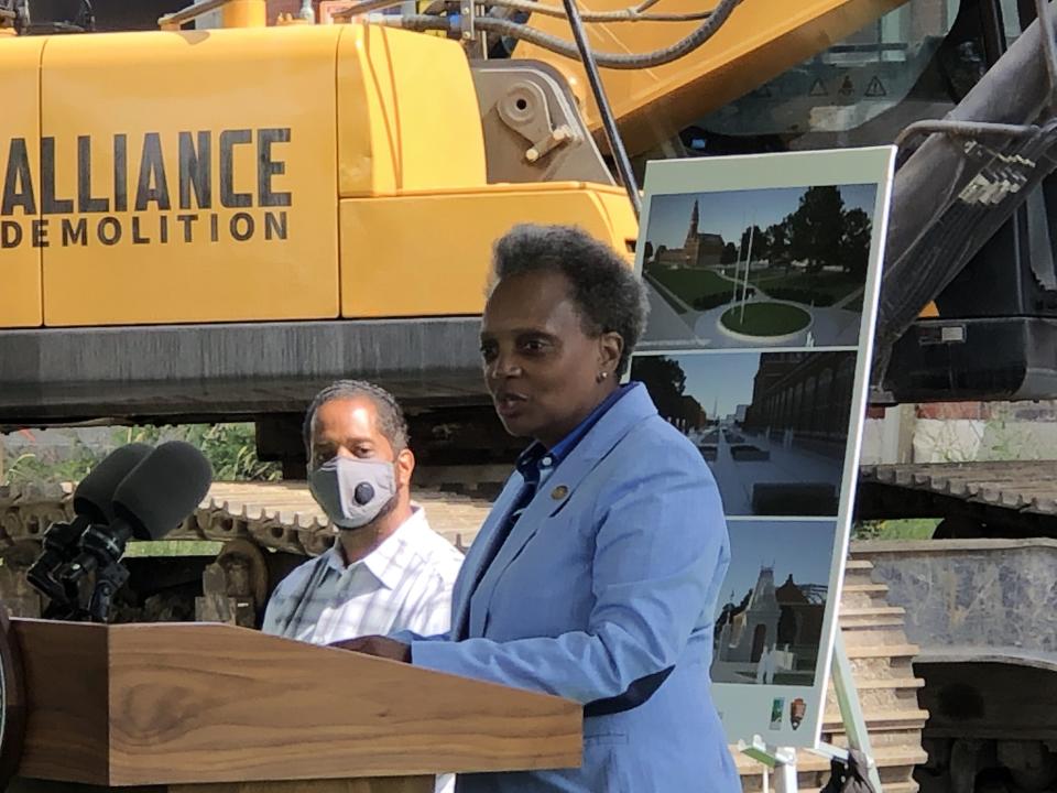 Ald. Anthony Beale looks on as Mayor Lori Lightfoot speaks at the Pullman National Monument on Labor Day. (Mark Konkol/Patch)