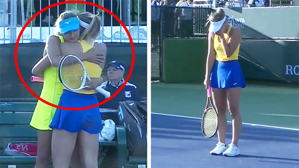 Ukraine tennis star Marta Kostyuk (pictured right) in tears and Ukrainian-born player Maryna Zanevska (pictured left) embrace each other at Indian Wells.