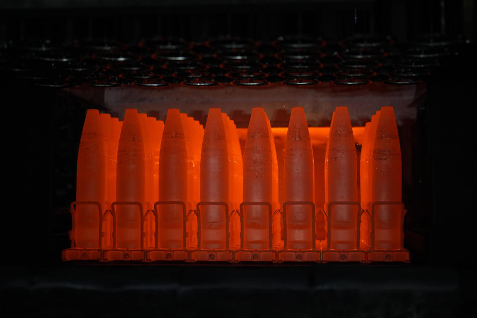 155 mm M795 artillery projectiles are manufactured at the Scranton Army Ammunition Plant, Tuesday, Aug. 27, 2024, in Scranton, Pa. (AP Photo/Matt Slocum)