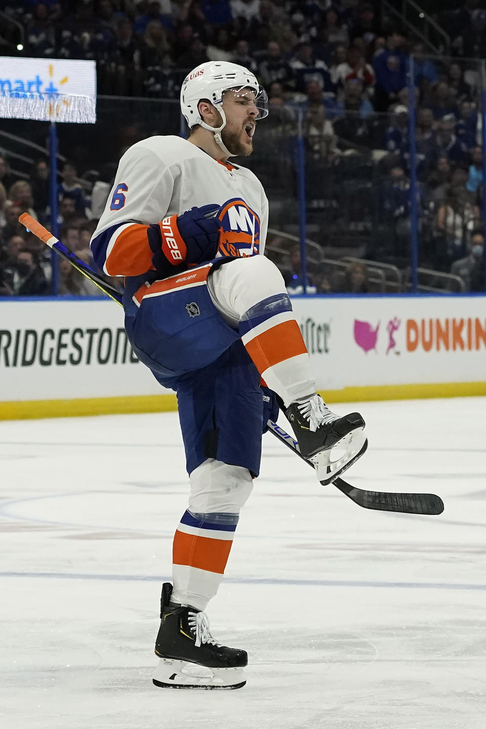 New York Islanders defenseman Ryan Pulock (6) celebrates his goal against the Tampa Bay Lightning during the third period in Game 1 of an NHL hockey Stanley Cup semifinal playoff series Sunday, June 13, 2021, in Tampa, Fla. (AP Photo/Chris O'Meara)