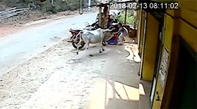 The girl cradles her toddler brother in attempt to shield him from the attacking bovine. Source: India Photo Agency