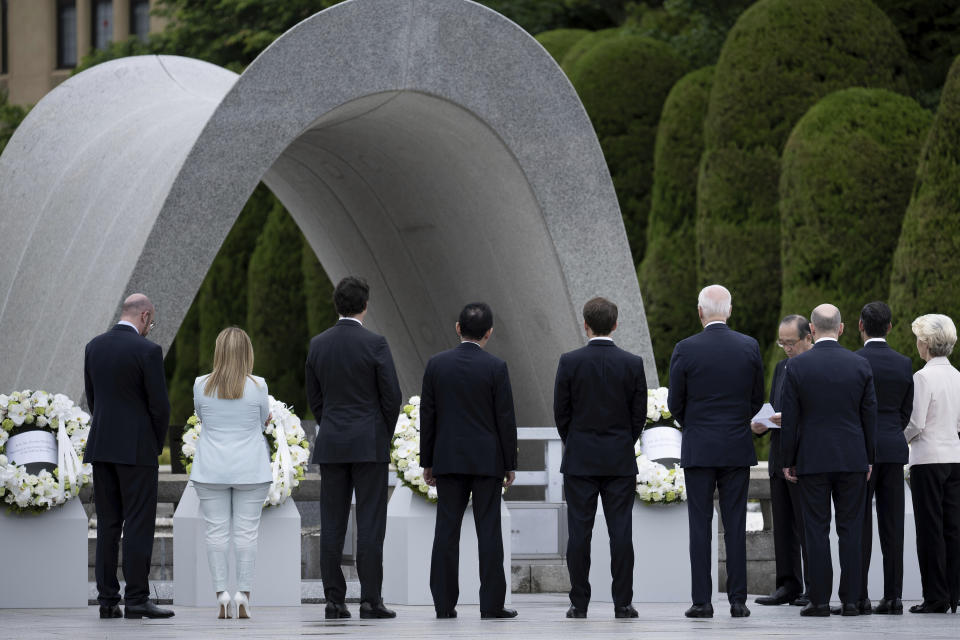 Leaders of the Group of Seven nations' meetings lay wreaths during a visit to the Peace Memorial Park as part of the G7 Leaders' Summit in Hiroshima, western Japan Friday, May 19, 2023. (Brendan Smialowski/Pool Photo via AP)