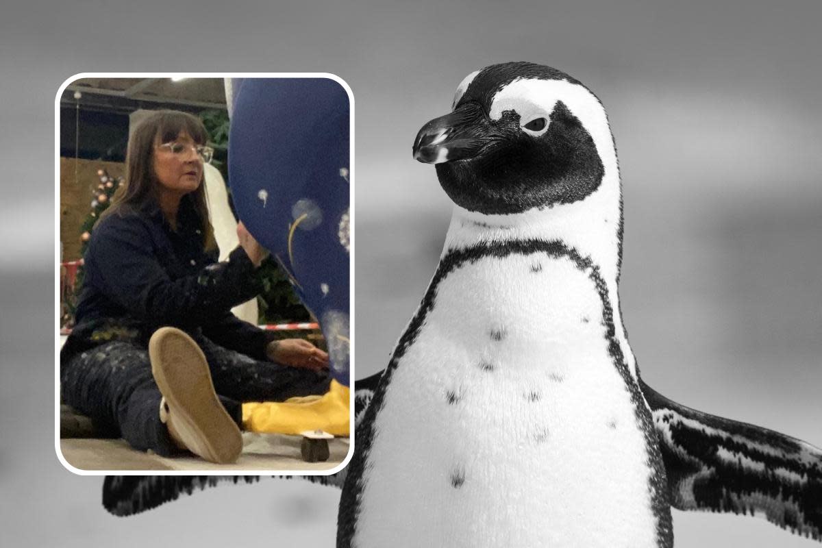 Inset: Artist Marnie Maurri working on her penguin sculpture design <i>(Image: Supplied)</i>